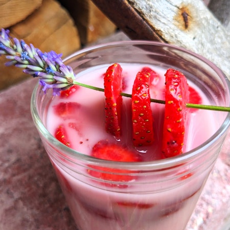Ein Lavendelzweig mit drei aufgespießten Erdbeerscheiben dekorieren das Glas mit dem Getränkt.