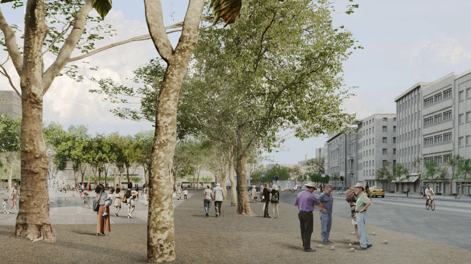 Die Visualisierung zeigt die Südseite des Neumarkts ohne oberirdische Straßenbahngleise und -haltestellen. Der Platz an sich ist dadurch vergrößert, Auto- und Fahrradverkehr haben nebeneinander Raum. Den Platz selbst bevölkern zahlreiche Fußgänger sowie eine Gruppe Boulespieler.