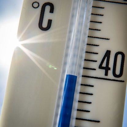 Ein Außenthermometer zeigt vor dem blauen Himmel und der Sonne eine Temperatur von nahezu 40 Grad Celsius an.