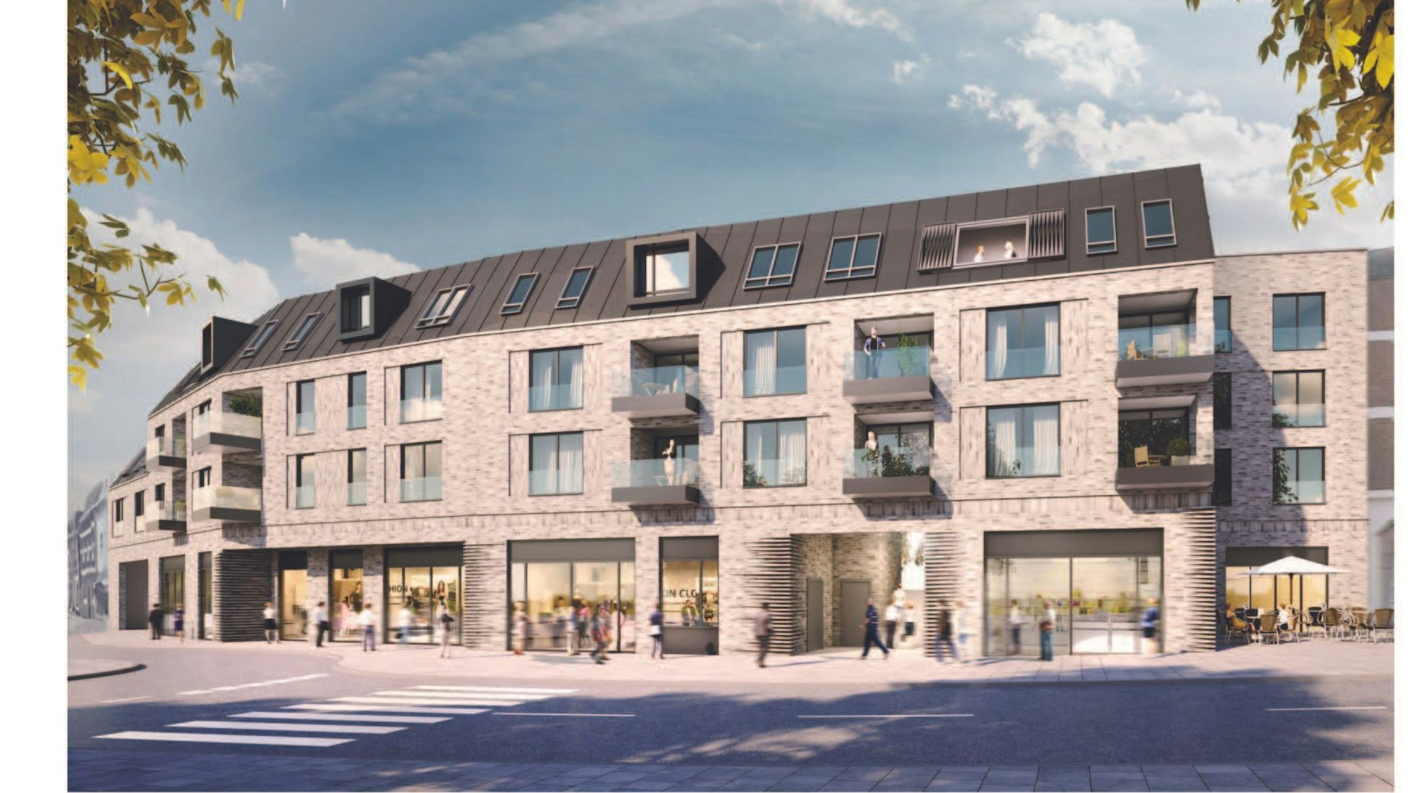 Ein Gebäuderiegel, vier Geschosse, die Fassade ist verklinkert.