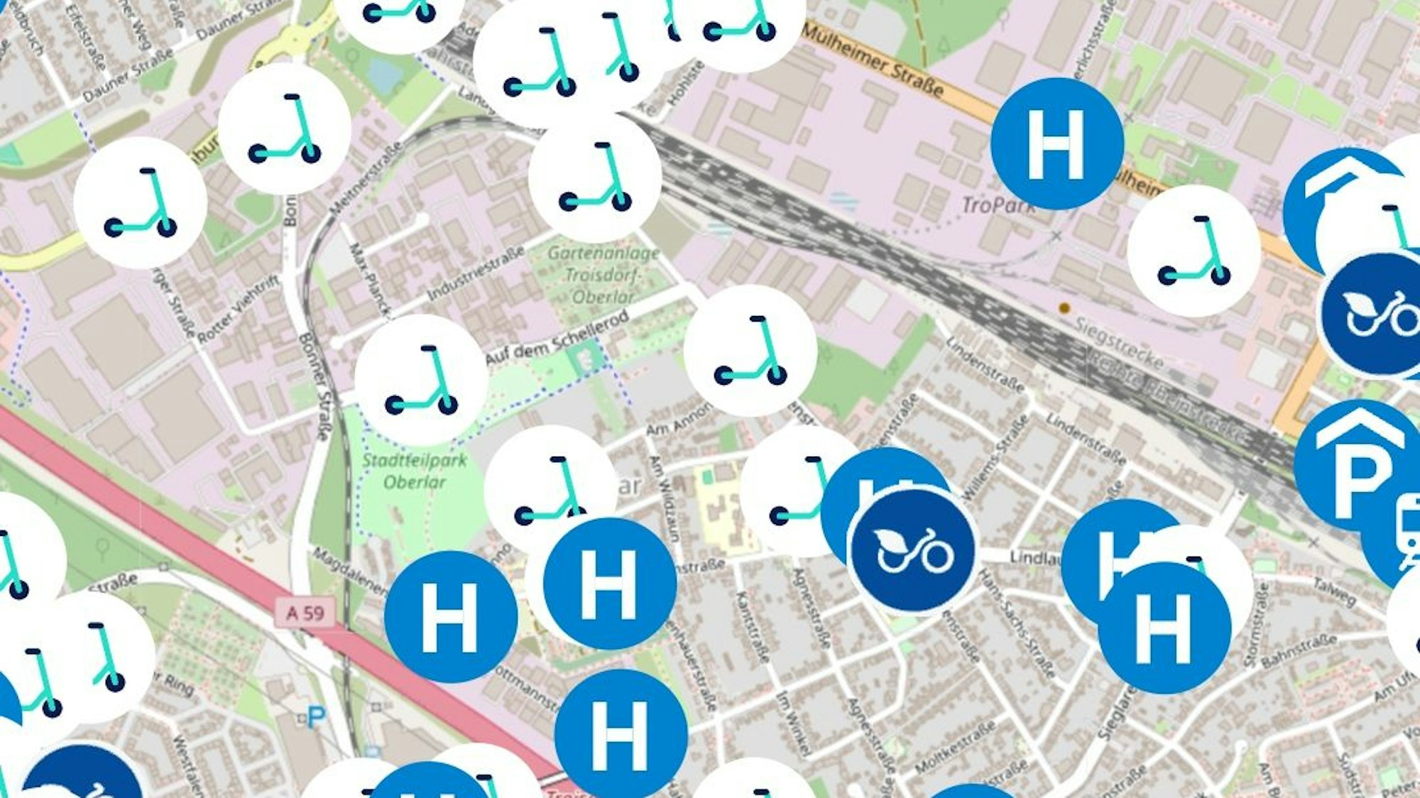 Auf einem Ausschnitt aus einem Stadtplan sind Haltestellen für Busse und Bahnen eingezeichnet, außerdem Verleihstationen für E-Roller und Mietfahrräder.