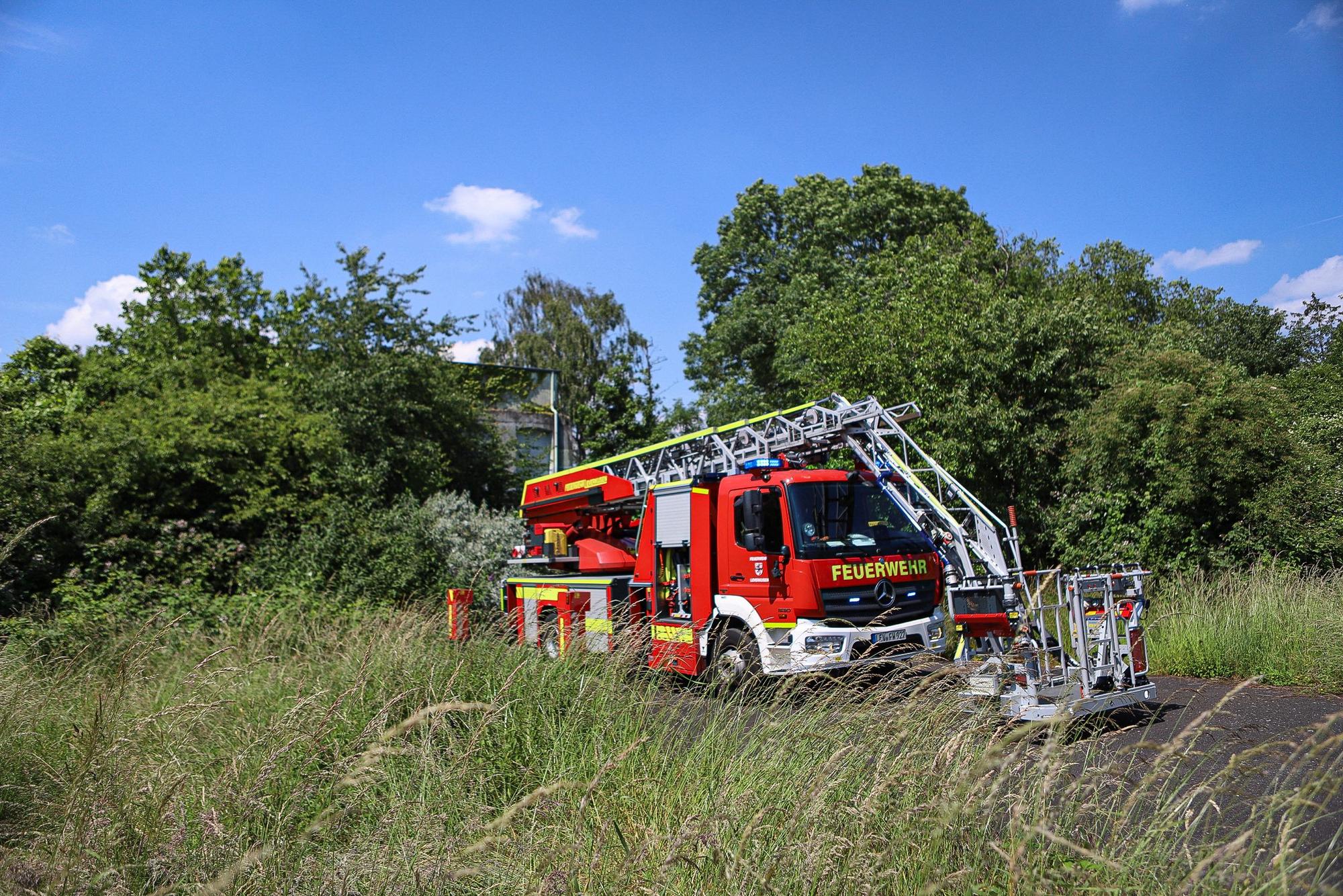 Ein Feuerwehrauto steht vor Bäumen.