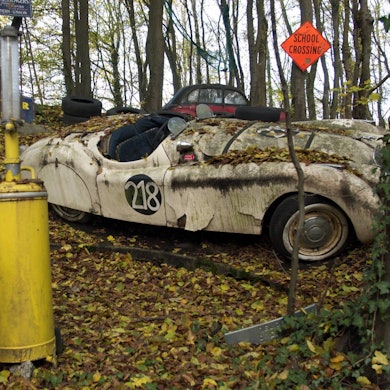 Ein Jaguar-Rennwagen rosten in einem Waldstück im Neandertal vor sich hin.
