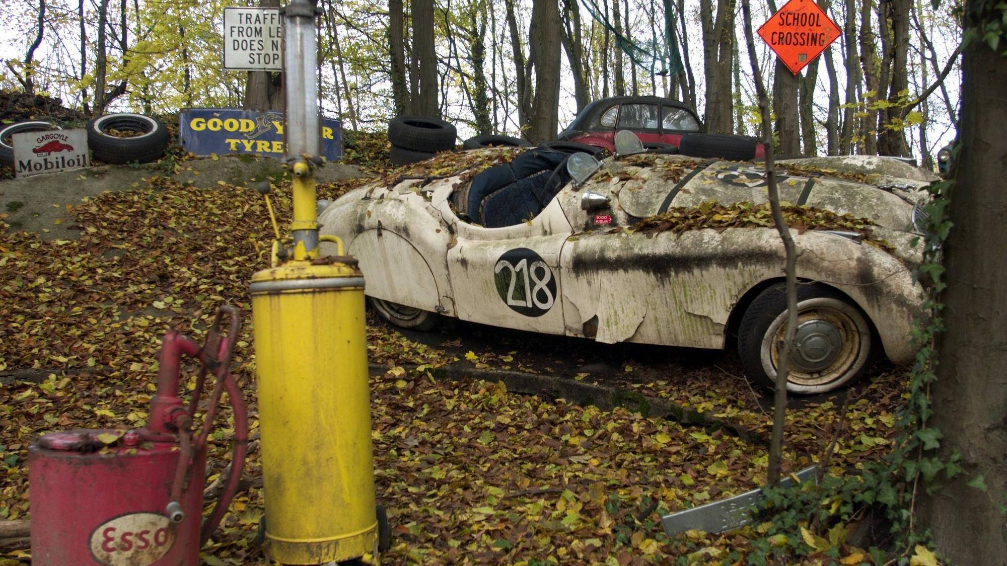 Ein Jaguar-Rennwagen rosten in einem Waldstück im Neandertal vor sich hin.
