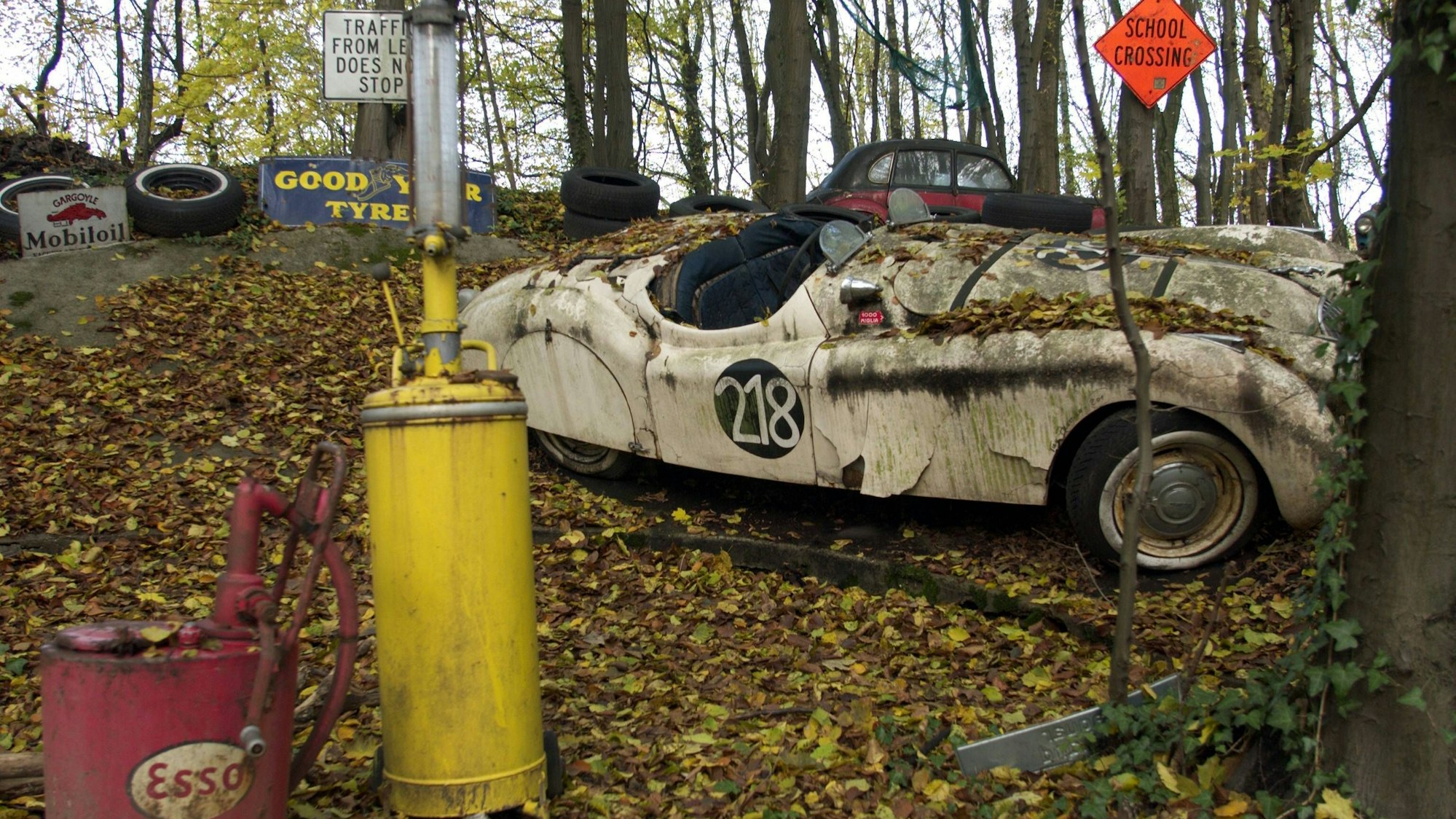 Ein Jaguar-Rennwagen rosten in einem Waldstück im Neandertal vor sich hin.