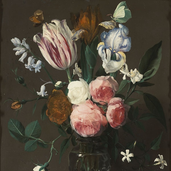 Gemalte Blumen stecken in einer gemalten Vase.