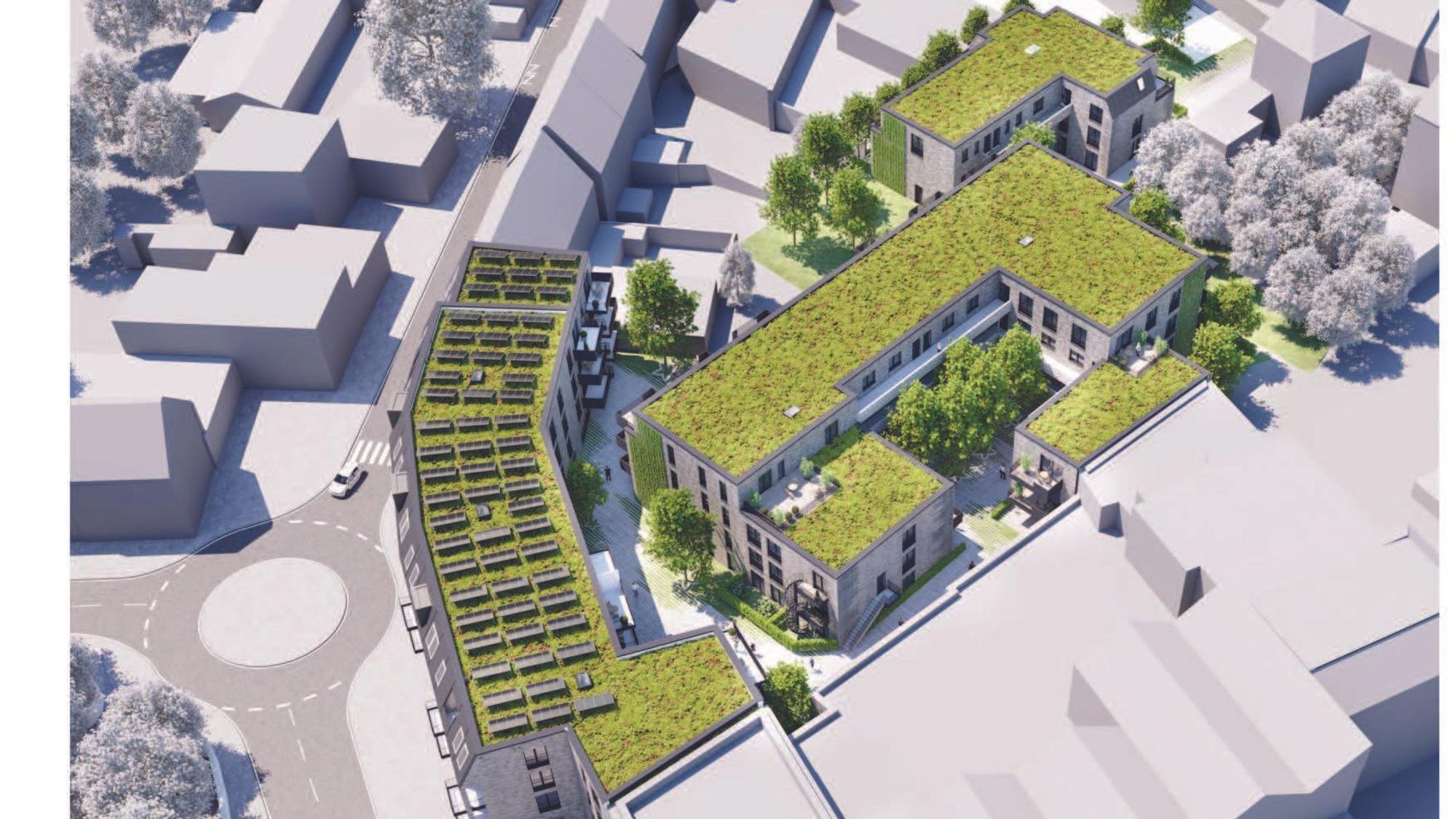 Der Entwurf zeigt die geplanten Gebäude von oben.