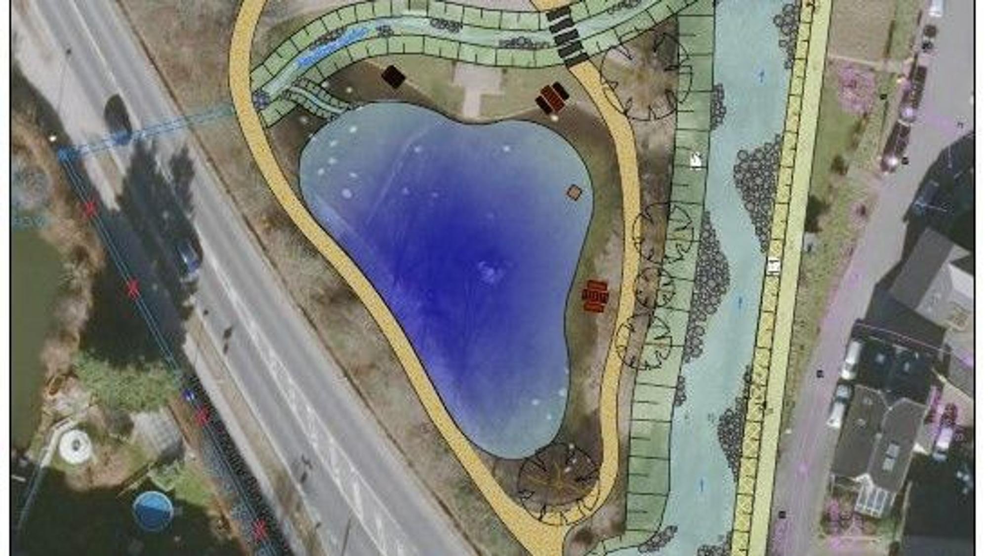 Der Lauterbach mäandert neben dem Teich im Park und hat so Überschwemmungszonen.