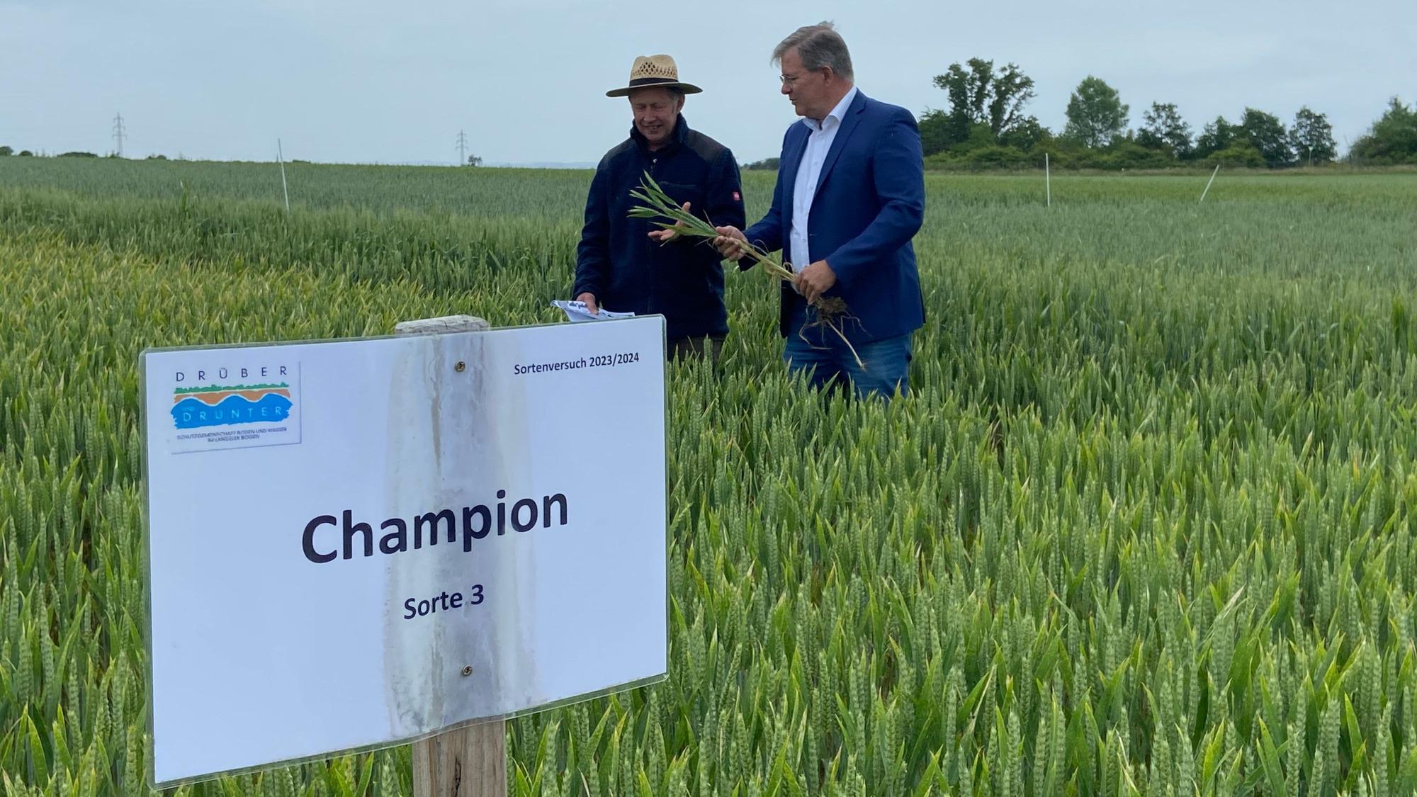 Achim Roth (l.) und Uwe Nolting von den Stadtwerken Niederkassel auf einem Feld