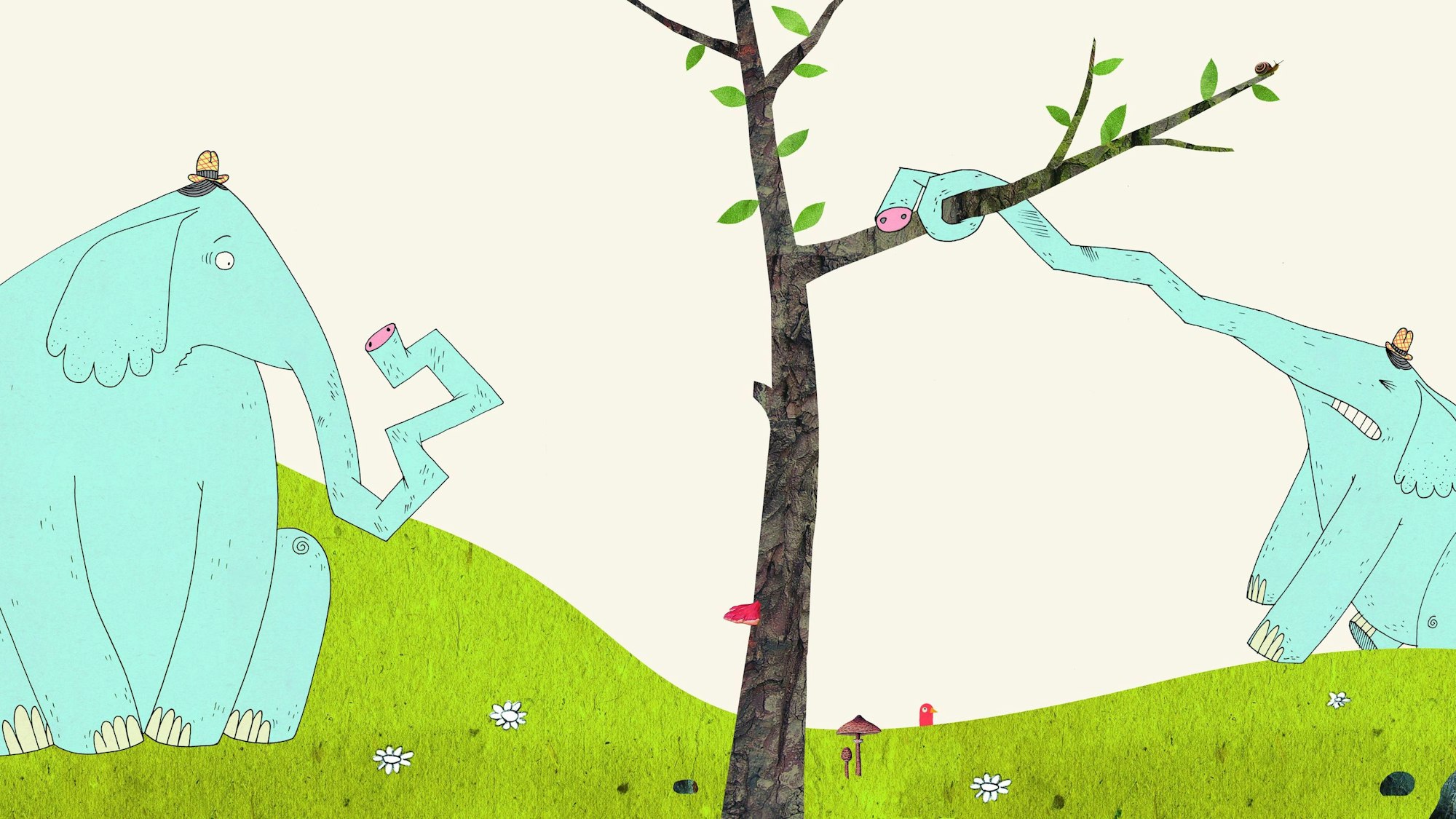 Seite aus einem Bilderbuch mit einem Elefanten, der vergeblich versucht, seinen verknickten Rüssel wieder gerade zu ziehen.