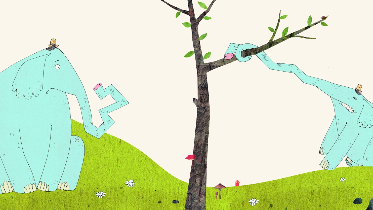 Seite aus einem Bilderbuch mit einem Elefanten, der vergeblich versucht, seinen verknickten Rüssel wieder gerade zu ziehen.