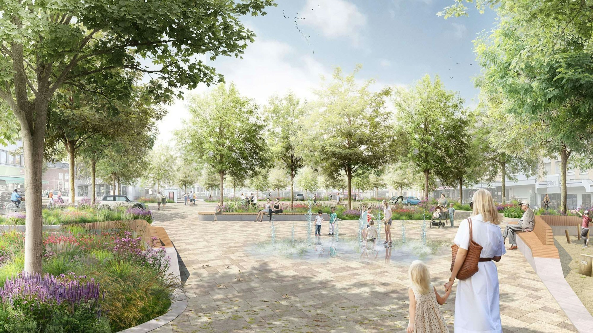 Eine Visualisierung des Marktplatzplanes mit Bäumen, Staudenbeeten und einem Fontänenfeld.