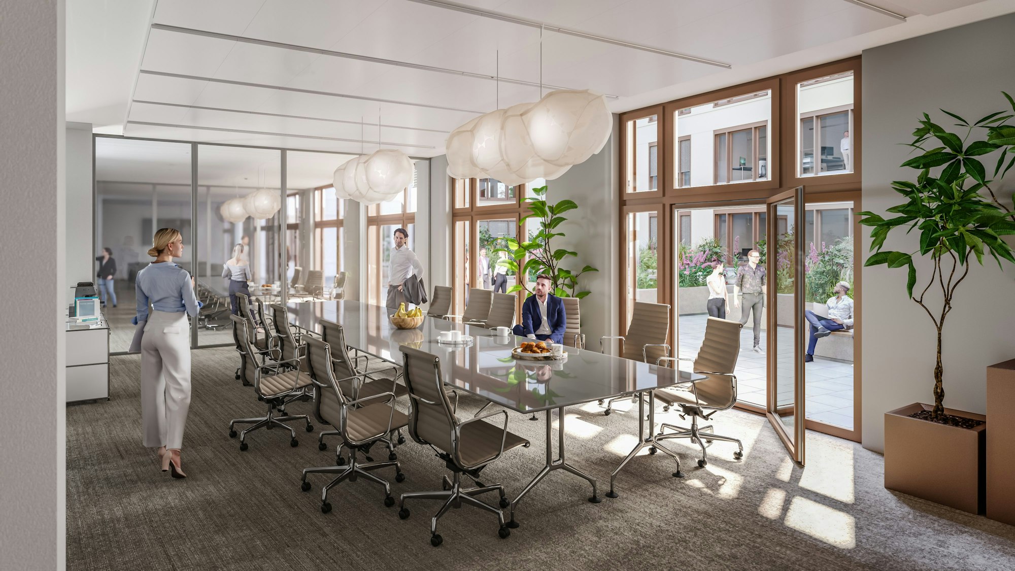 Die Visualisierung zeigt den Blick in das neue Bürohaus.