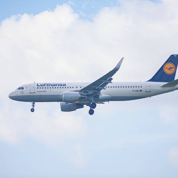 Ein Airbus A321 der Lufthansa im Landeanflug. Die Maschine ist in den markanten Farben weiß, blau und gelb lackiert. (Symbolbild)