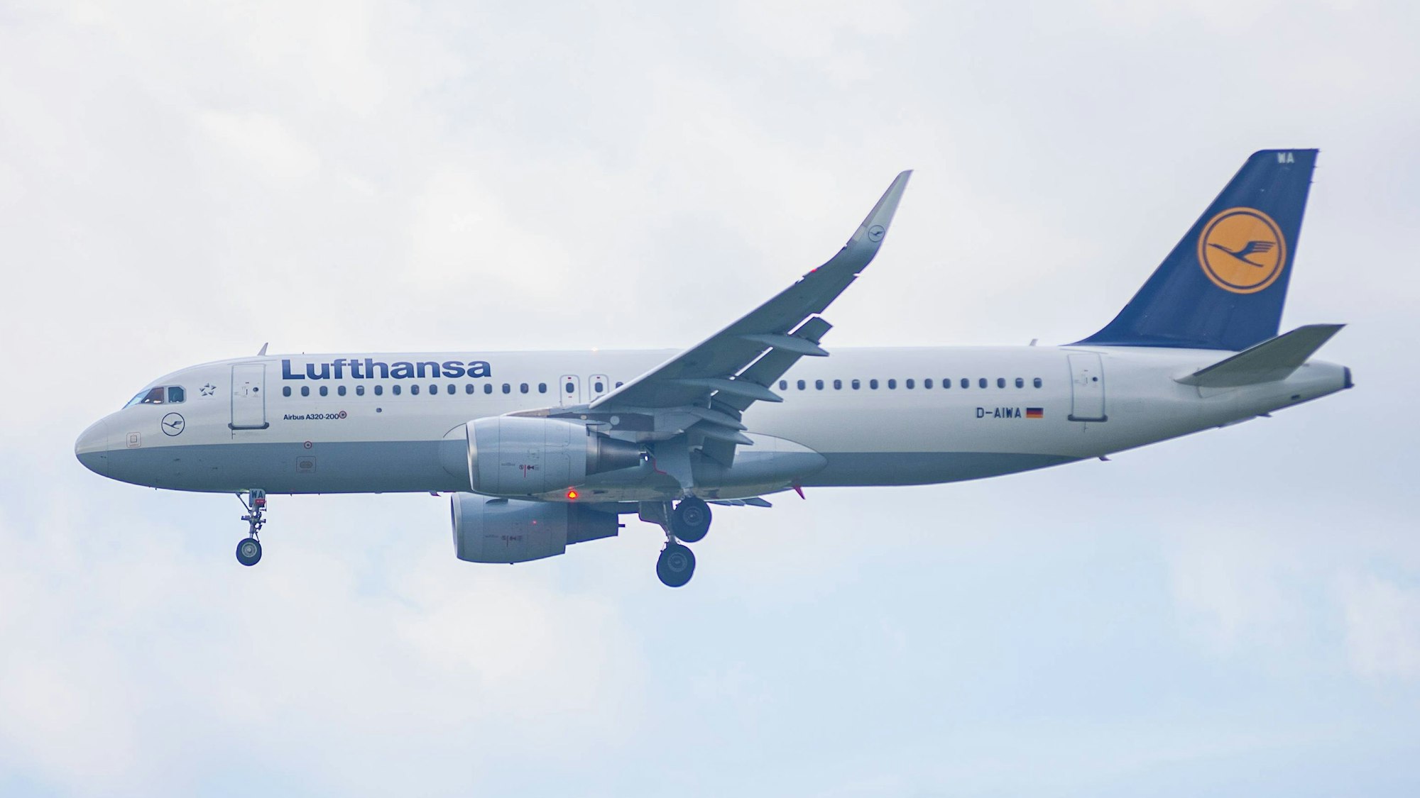 Ein Airbus A321 der Lufthansa im Landeanflug. Die Maschine ist in den markanten Farben weiß, blau und gelb lackiert. (Symbolbild)