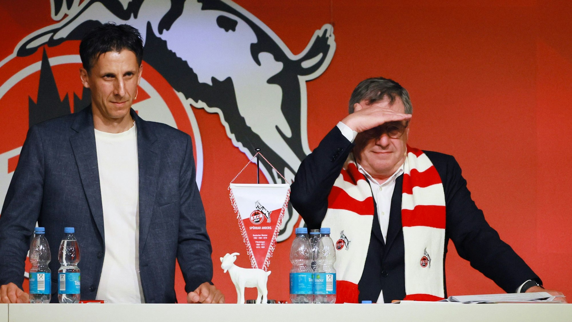 1. FC Köln, MMC-Studios, Mitgliederstammtisch, 12.06.2024, von links: Christian Keller, Werner Wolf, Bild: Herbert Bucco