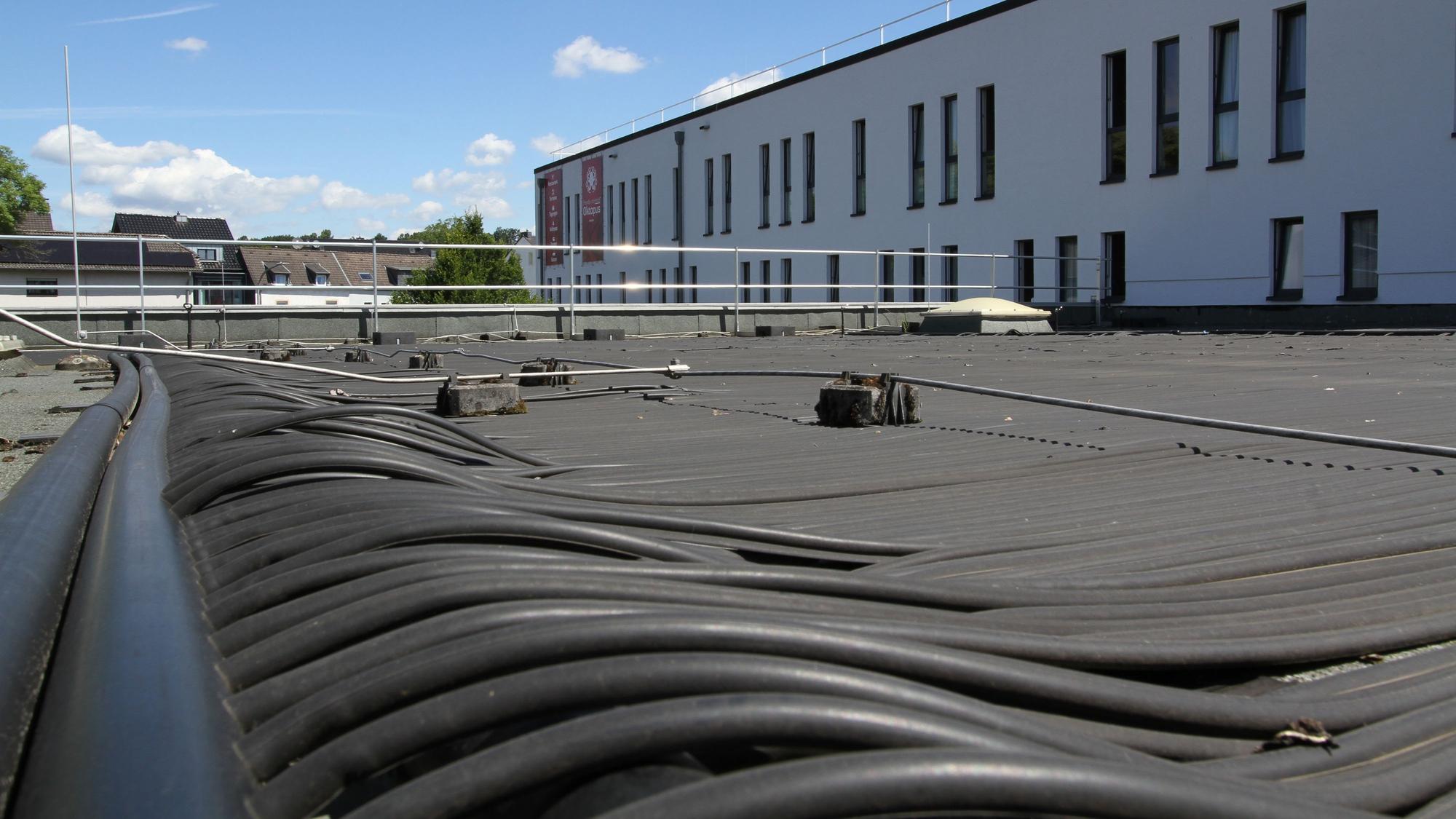 Solarthermie-Anlage mit schwarzen Schläuchen auf einem Flachdach