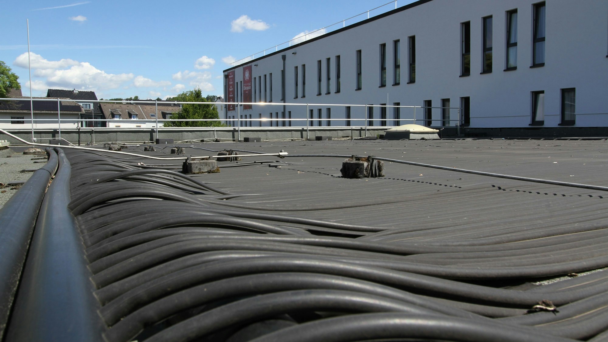 Solarthermie-Anlage mit schwarzen Schläuchen auf einem Flachdach