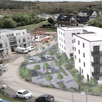 Visualisierung eines am Georges-Girard-Ring in Mechernich (Baugebiet Vierwege) geplanten Mehrfamilienhauses mit 28 Wohneinheiten.
