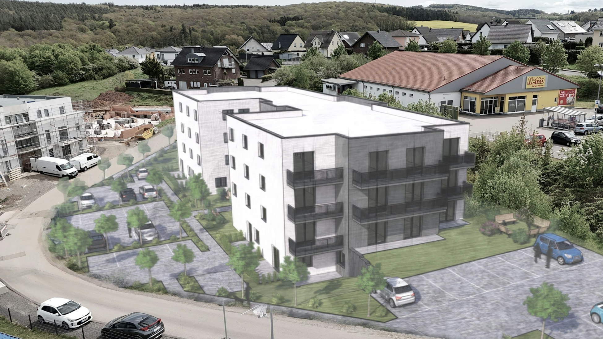 Visualisierung eines am Georges-Girard-Ring in Mechernich (Baugebiet Vierwege) geplanten Mehrfamilienhauses mit 28 Wohneinheiten.