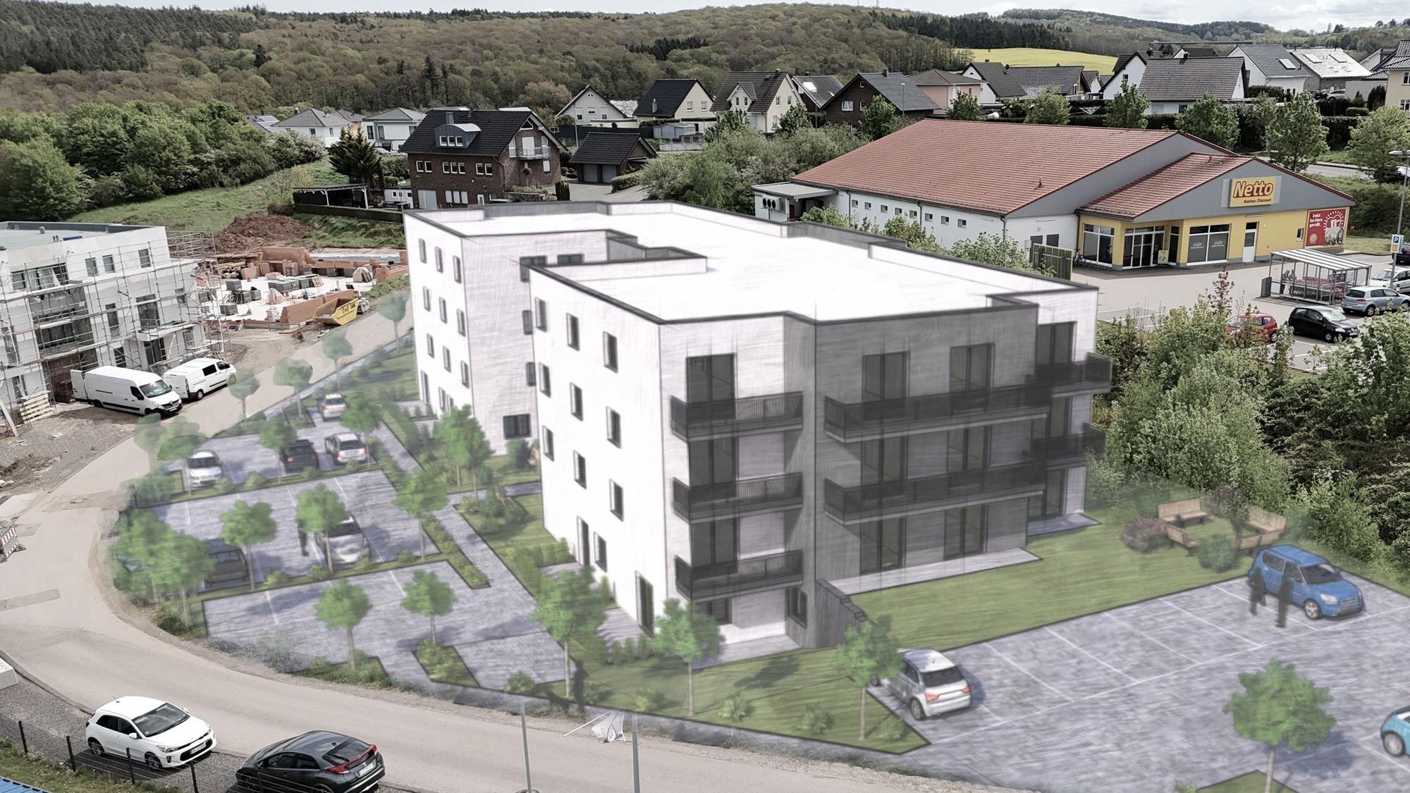 Visualisierung eines am Georges-Girard-Ring in Mechernich (Baugebiet Vierwege) geplanten Mehrfamilienhauses mit 28 Wohneinheiten.