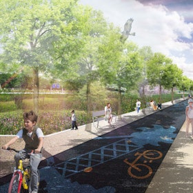 Der geplante Tagebausee Garzweiler wird in einer Visualisierung dargestellt: von Bäumen gesäumte Spazierwege und in der Ferne die noch nicht gewässerte Tagebaugrube.