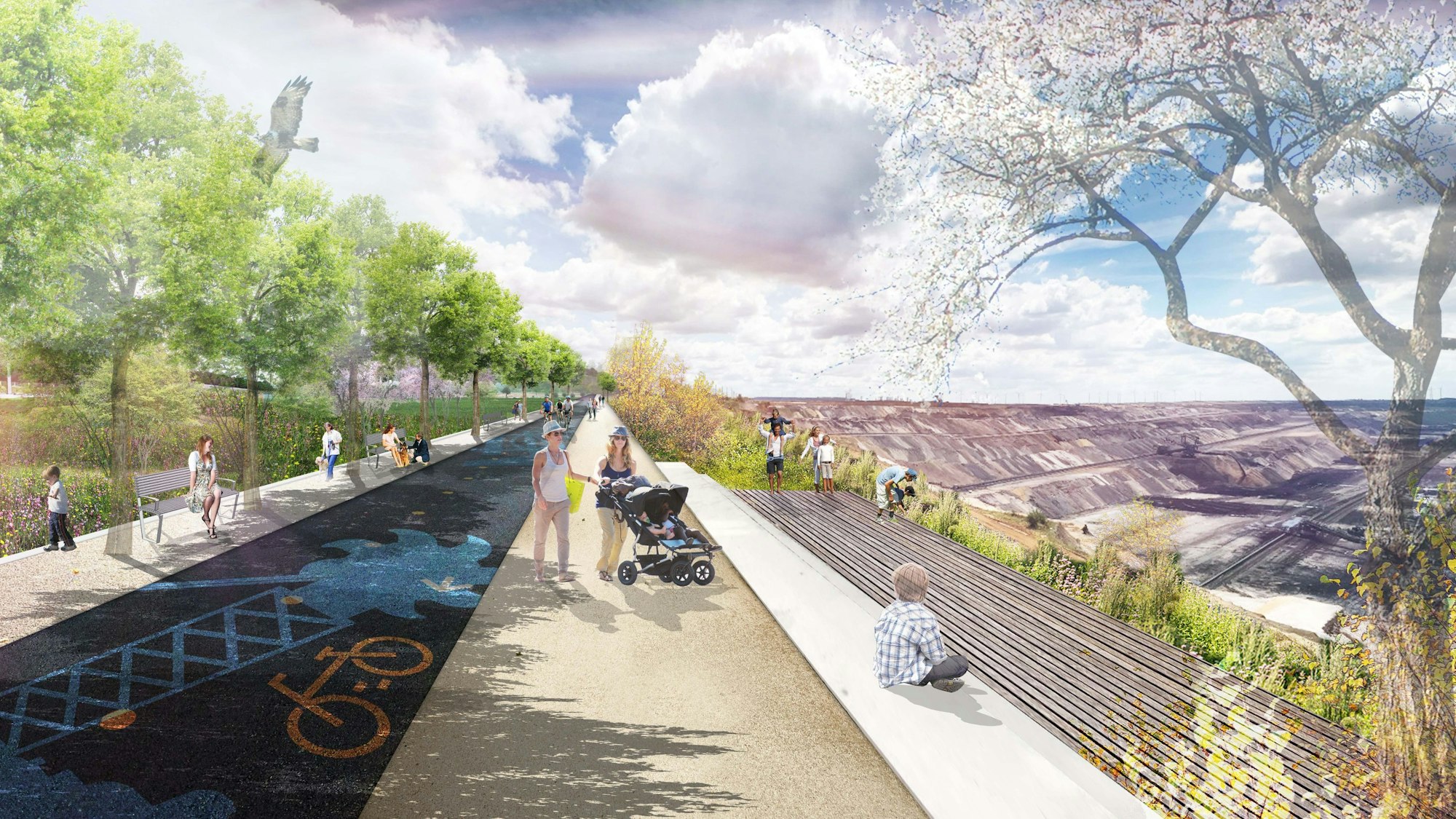 Der geplante Tagebausee Garzweiler wird in einer Visualisierung dargestellt: von Bäumen gesäumte Spazierwege und in der Ferne die noch nicht gewässerte Tagebaugrube.