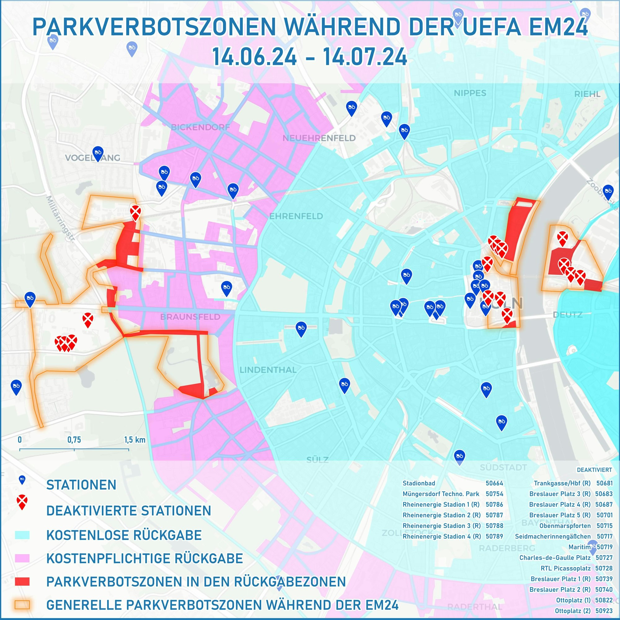 Das Bild zeigt die Bereiche, in denen Leihfahrzeuge während der EM nicht abgestellt werden dürfen.