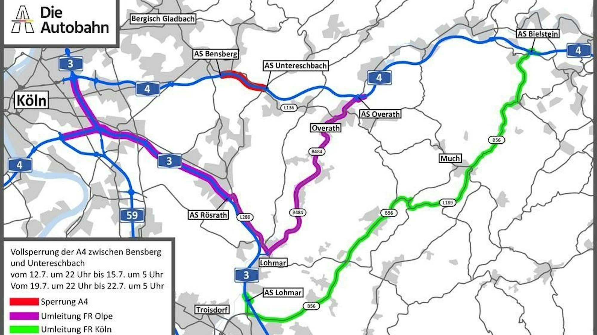 Der Plan der Autobahn GmbH für die Sperrungen bei Untereschbach.