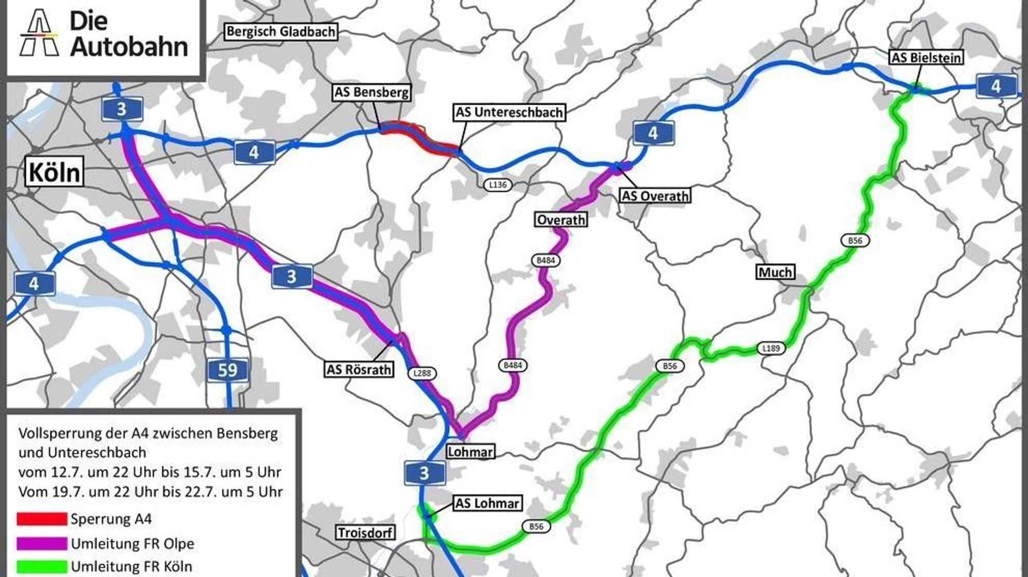 Grafik der Autobahn GmbH anlässlich der beiden Vollsperrungen der A4 in Rhein-Berg im Juli 2024.