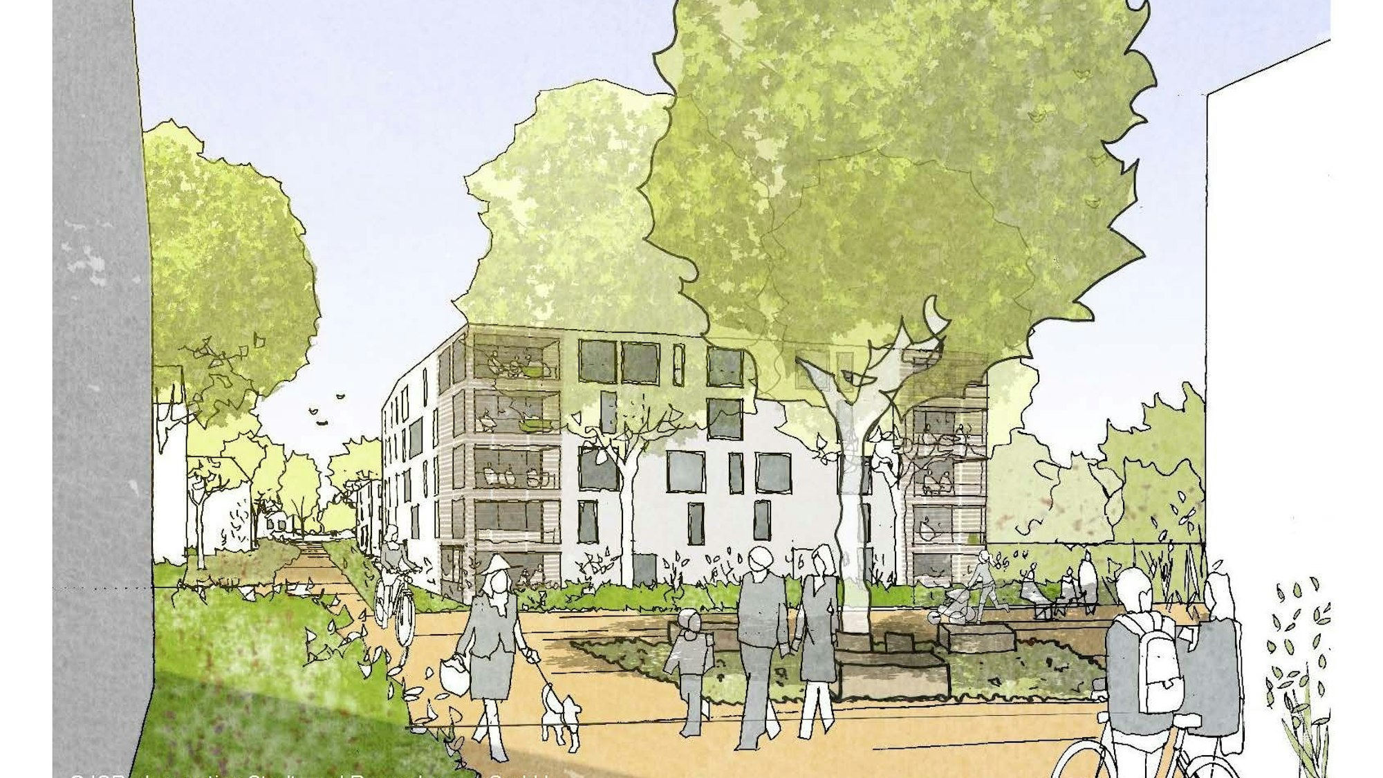 Die Visualisierung zeigt ein mehrstöckiges Gebäude, viel Grün, Menschen flanieren in der Wohnanlage.