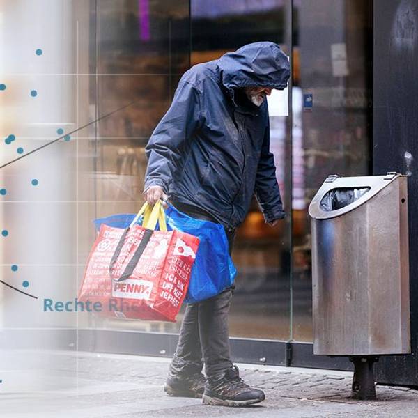 Die Grafik einer linearen Regression zwischen Einkommen und Lebenserwartung geht in ein Bild über, das einen obdachlosen Mann neben einem Mülleimer auf der Kölner Schildergasse zeigt.