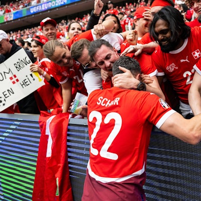 Hungary v Switzerland: Group A - UEFA EURO, EM, Europameisterschaft,Fussball 2024 Fabian Schaer is celebrating victory with fans during the UEFA EURO 2024 group stage match between Hungary and Switzerland at Cologne Stadium on June 15, 2024 in Cologne, Germany. Cologne NRW Germany PUBLICATIONxNOTxINxFRA Copyright: xHeshamxElsherifx originalFilename:elsherif-hungaryv240615_np01g.jpg