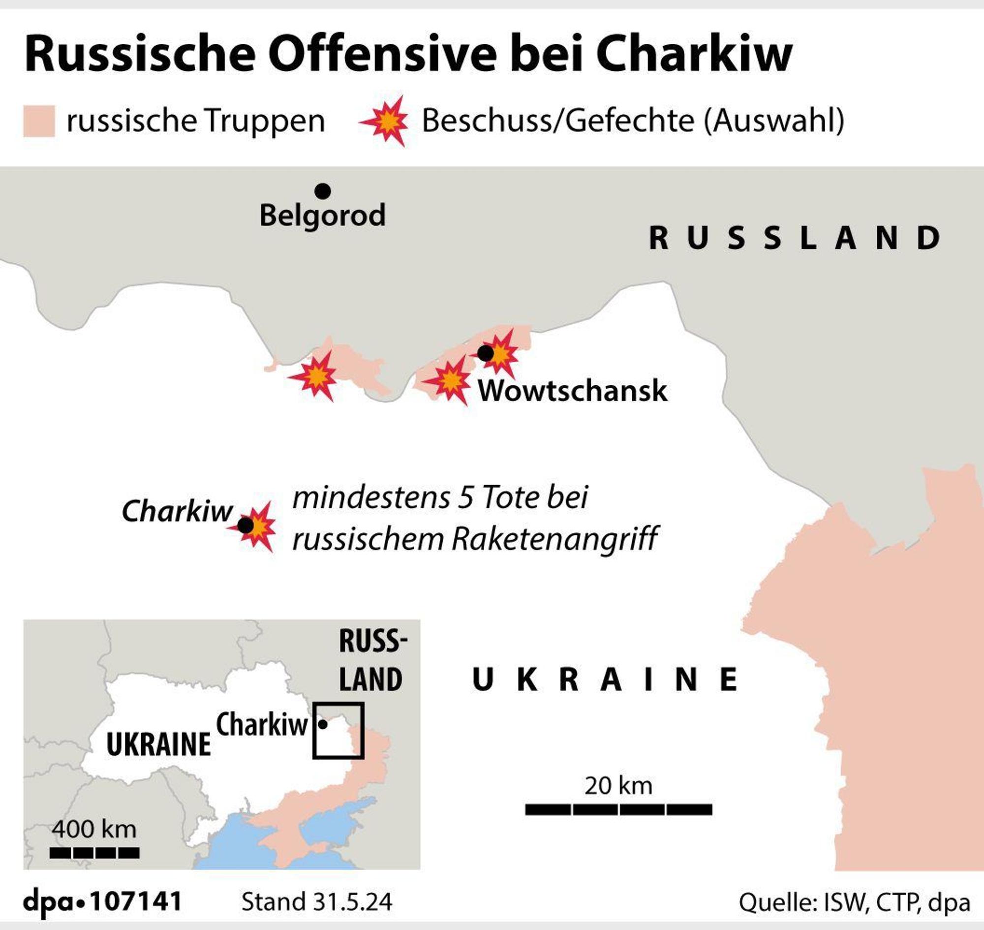 Die Grafik zeigt die Nähe der Städte Charkiw und Wowtschansk auf ukrainischer Seite und Belgorod auf russischer Seite.