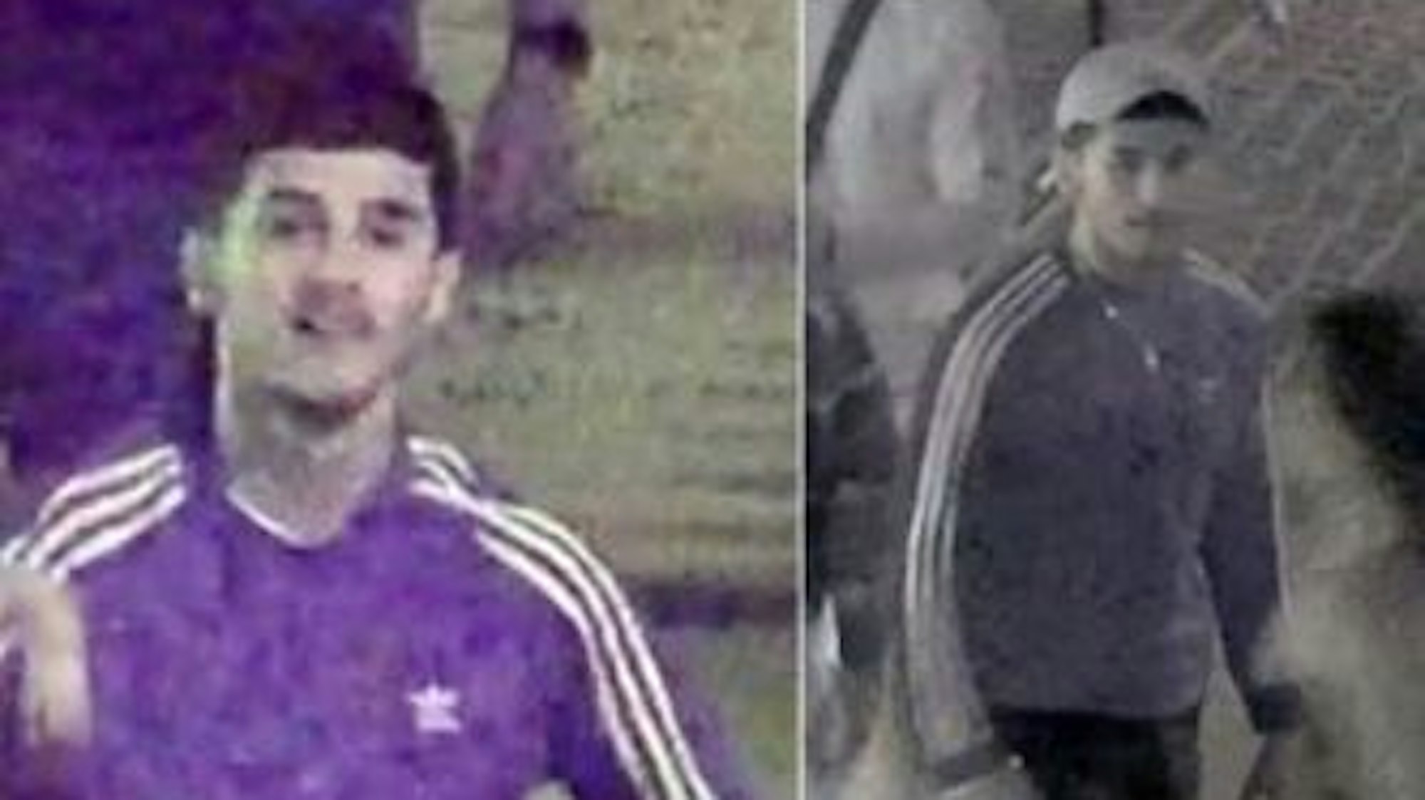 Zwei Fahndungsfotos zeigen einen Mann mit Adidas-Pullover und Kappe.
