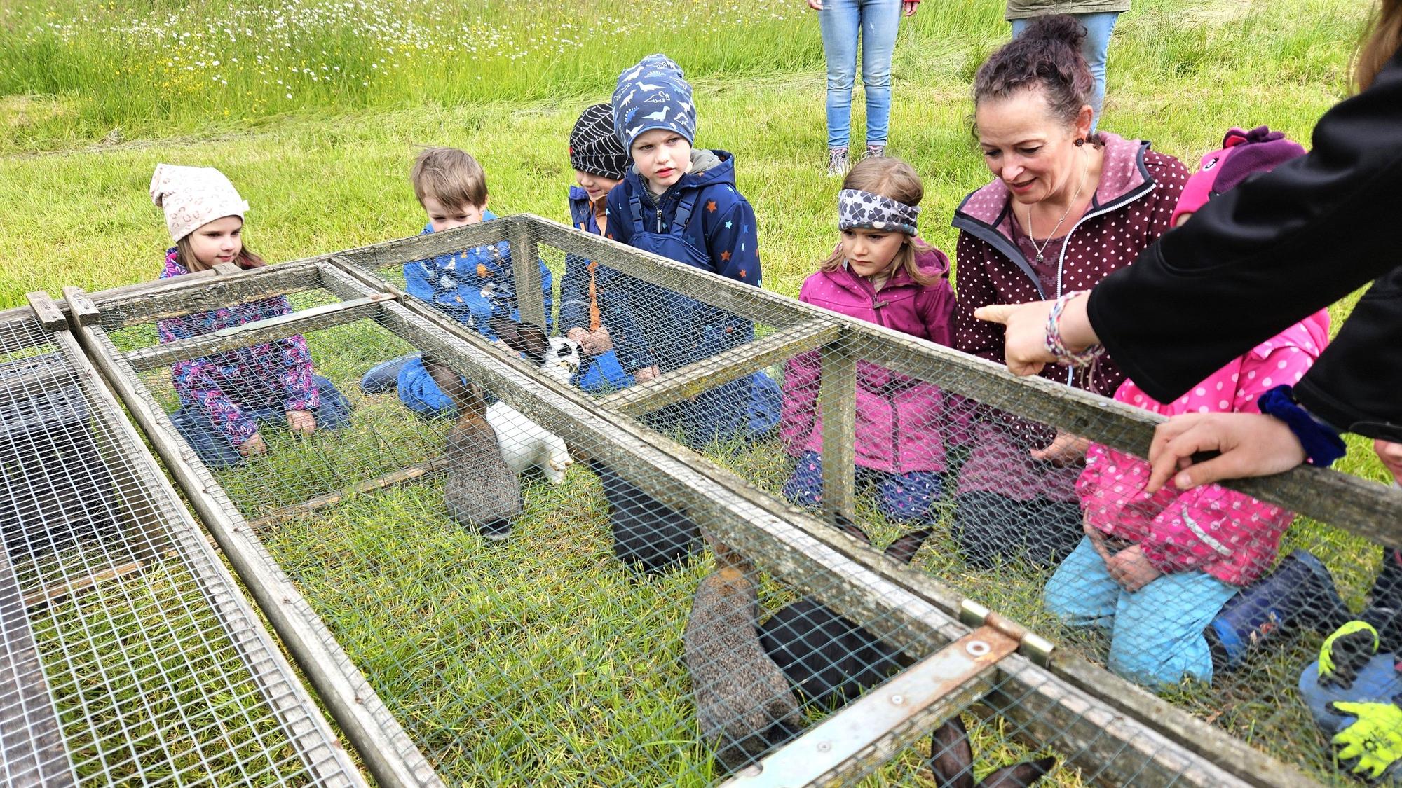 Die Kinder und eine der Erzieherinnen knien vor einem Stall mit Kaninchen.