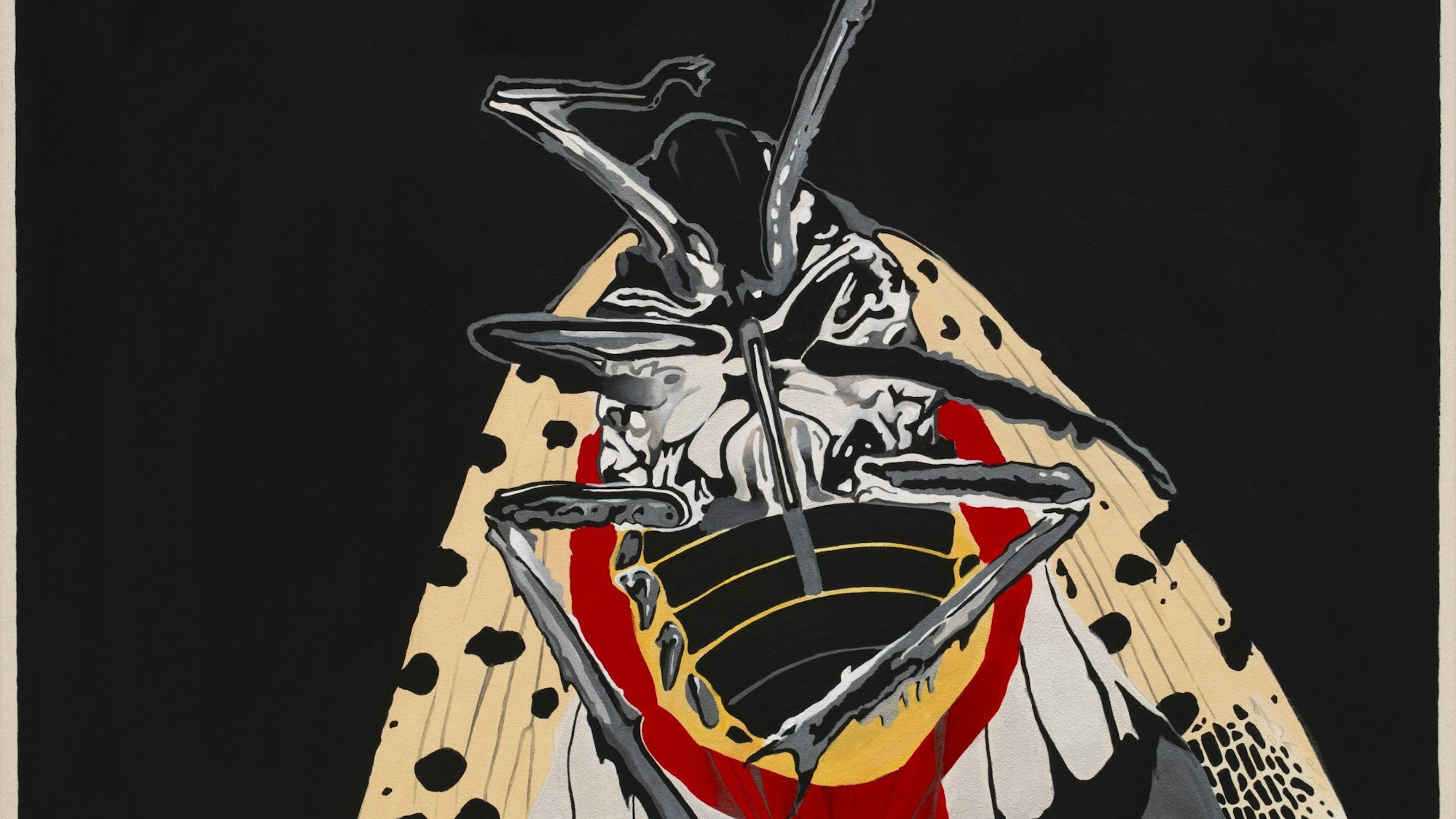 Eine Laternenträgerzikade mit gepunkteten Flügeln von unten gesehen.