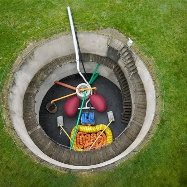 Ein Modell des menschlichen Organismus, gebaut aus Plastikschläuchen, Wassersilos und ähnlichem.