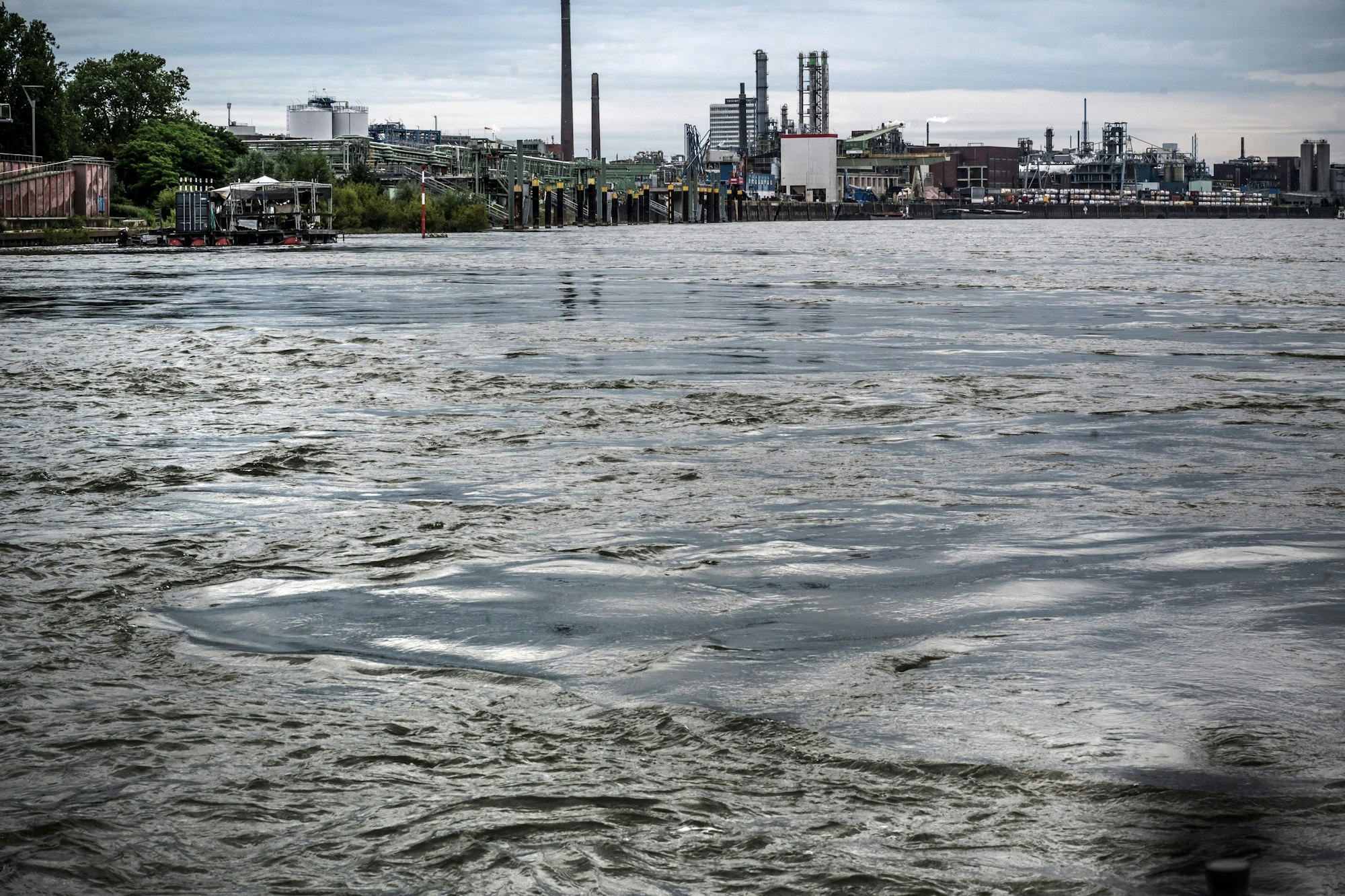 Strömung im Rhein, erkennbar an der Kräuselung der Oberfläche.