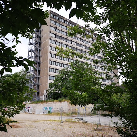 Ein graues Hochhaus mit vielen Fenstern und einer Gittertreppe an der linken Seite ist von Bäumen und einer Brachfläche umgeben.