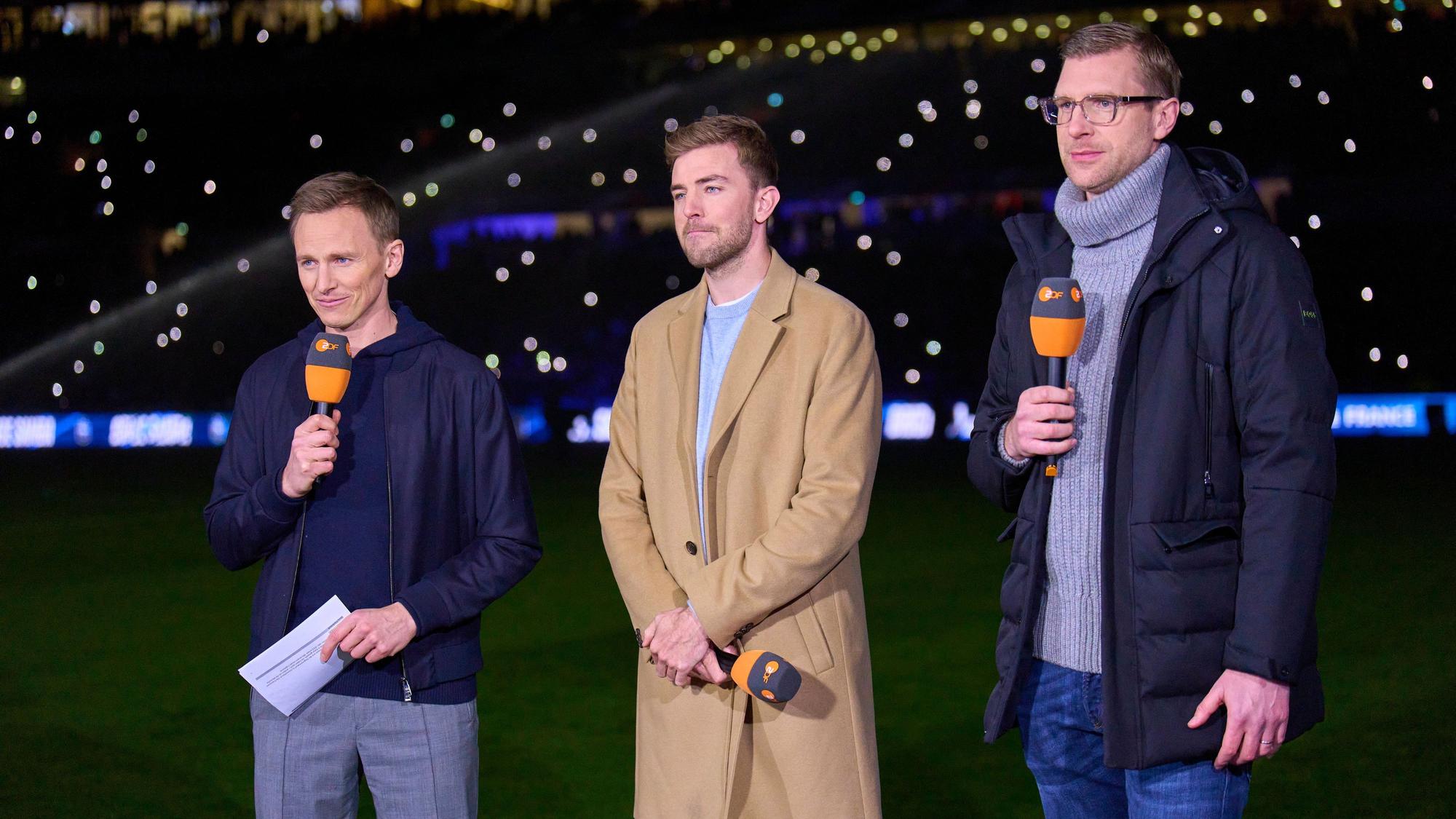 Jochen Breyer, ZDF Fernsehmoderator, Per MERTESACKER, former DFB player Christoph KRAMER ZDF TV experts in the friendly match FRANCE - GERMANY 0-2 FRANKREICH - DEUTSCHLAND 0-2 in preparation for European Championships 2024 on Mar 23, 2024 in Lyon, France.