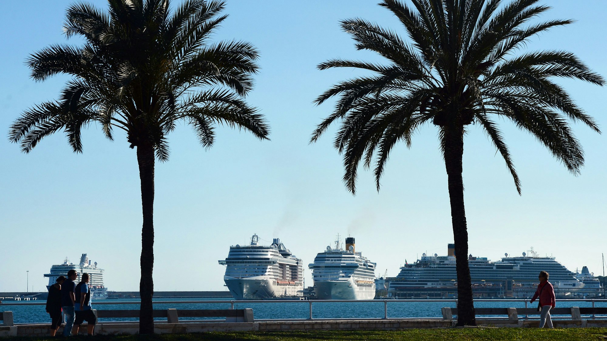 ARCHIV - Kreuzfahrtschiffe liegen am 03.05.2016 im Hafen von Palma de Mallorca vor Anker. Die Schiffe fahren meist mit Schweröl, das als extrem klimaschädlich gilt. Foto: Jens Kalaene/dpa