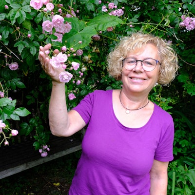 Bärbel Geusen steht in ihrem Garten an einer Rose der Sorte Princesse Louise, deren Blüten sie präsentiert.