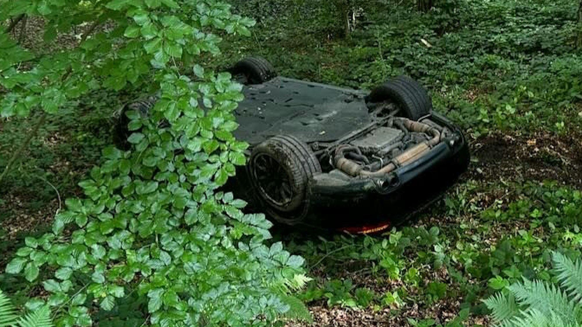 Ein schwarzer Porsche liegt auf dem Dach im Wald.
