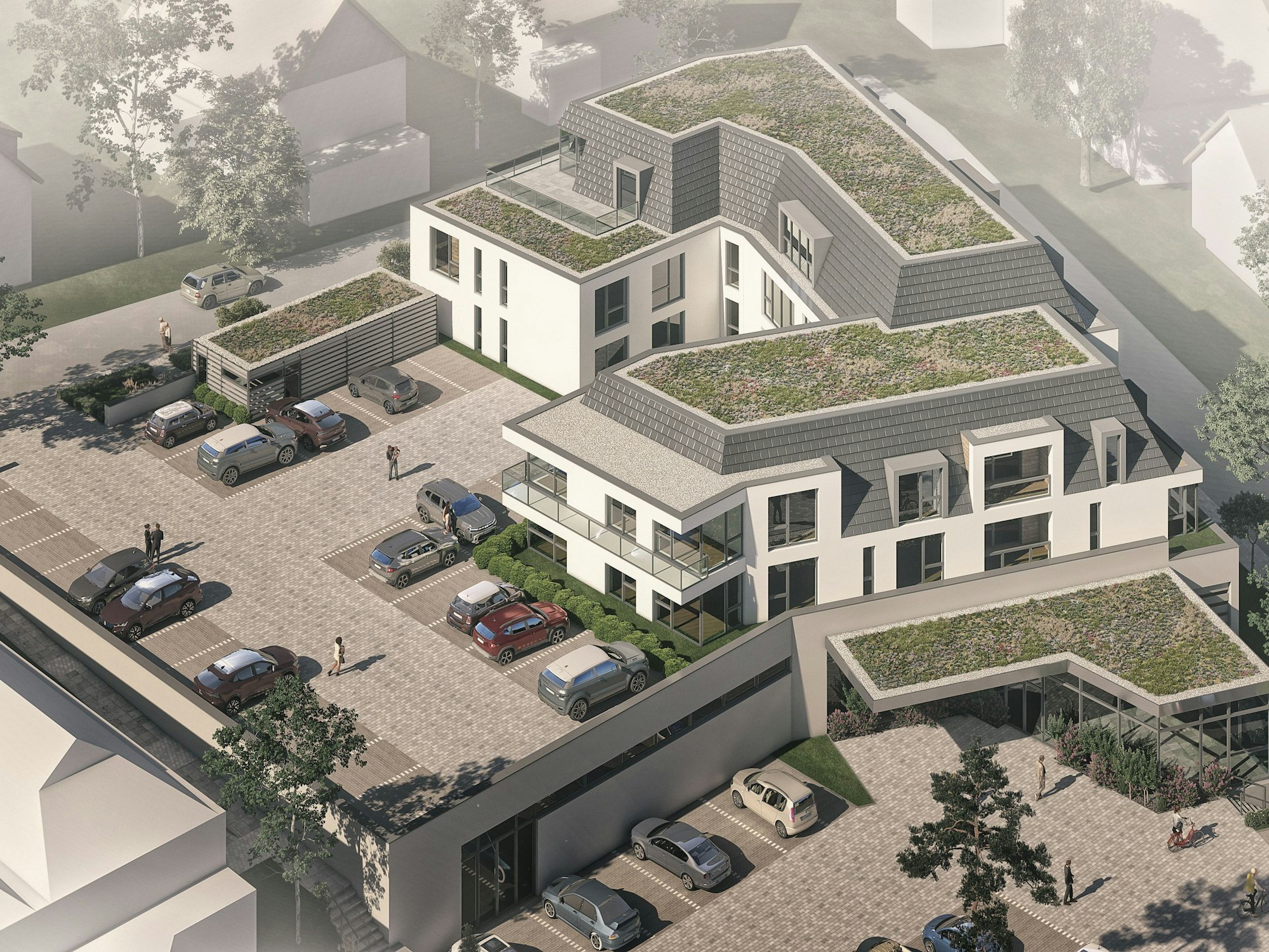 Supermarkt mit Parkflächen und Wohnungen