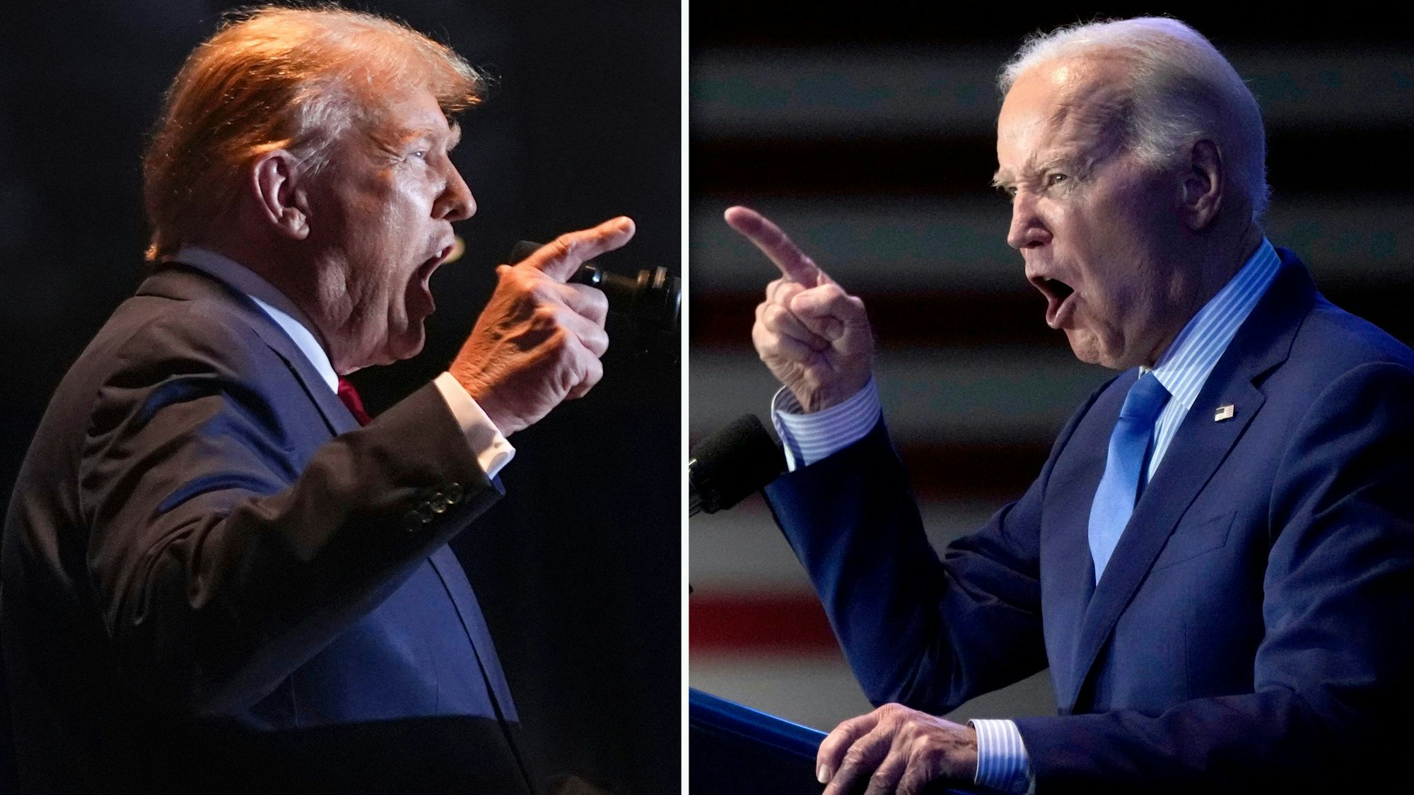 Joe Biden (r) und Donald Trump (l) scheinen sich in einer Bildkombination gegenseitig anzubrüllen. Dennoch entstanden die Bilder bei getrennten Veranstaltungen Anfang des Jahres. So in etwa stellen sich aber einige die kommende TV-Präsidentschaftsdebatte vor. (Archivbild)
