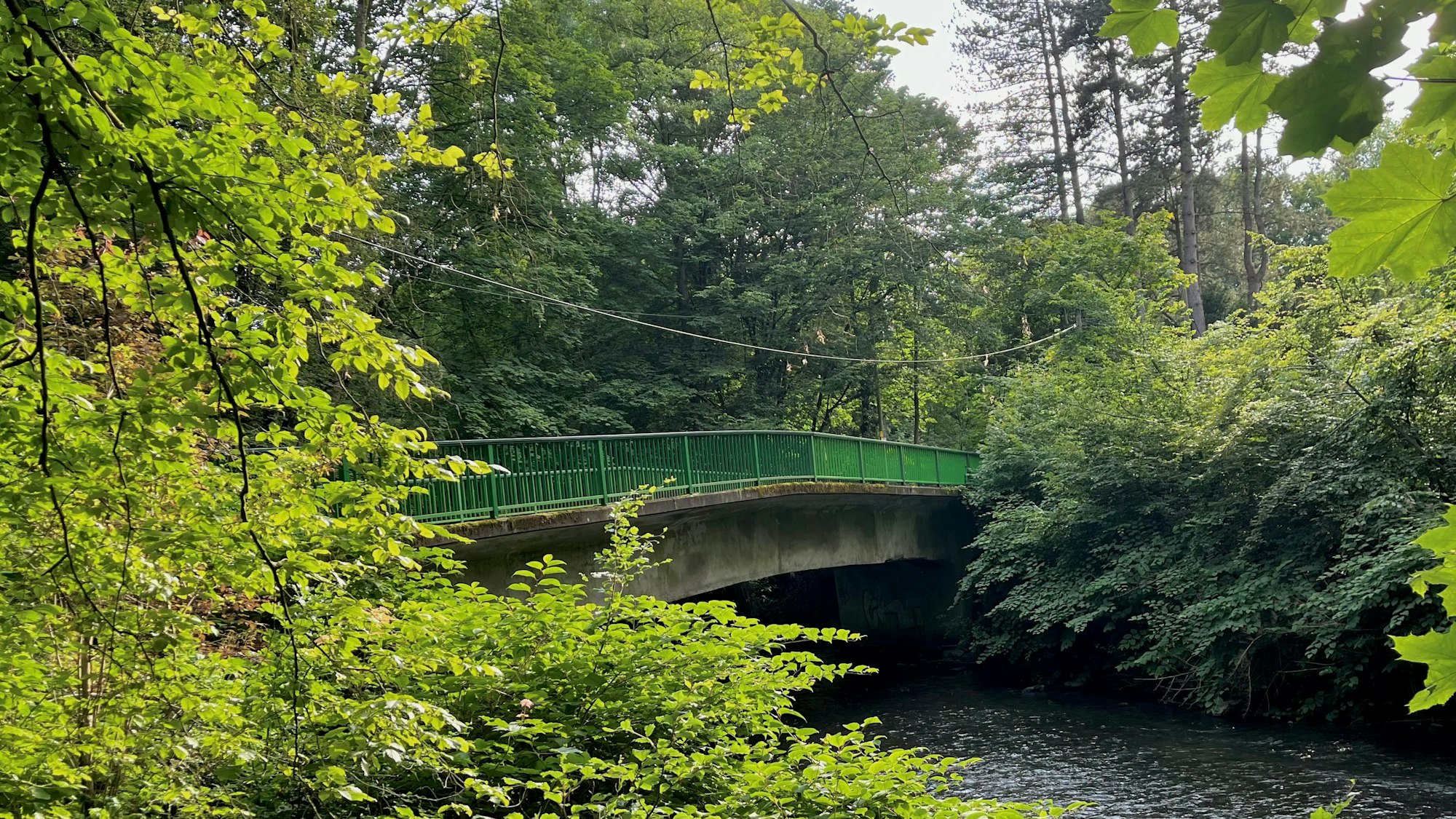 Eine baufällige Brücke überspannt einen Fluss.