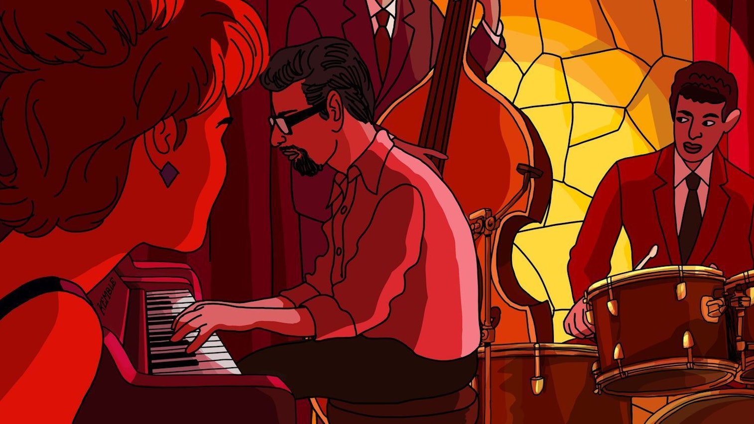Ein Mann sitzt am Klavier, eine Frau schaut ihm beim Spielen zu.