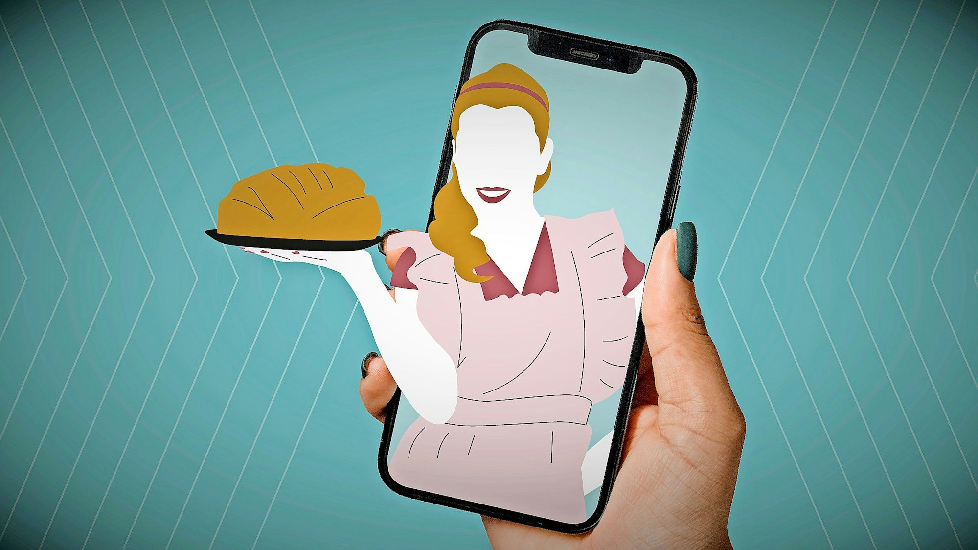 Illustration: Eine Frau reicht ein gebackenes Brot aus einem Handybildschirm.