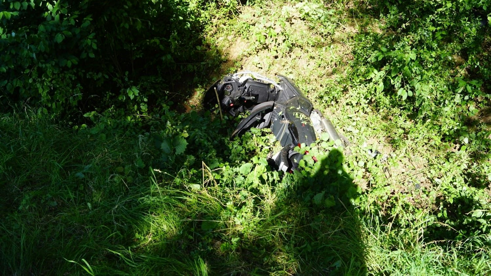 Ein zerstörter Dreiradroller liegt zwischen zahlreichen Sträuchern.